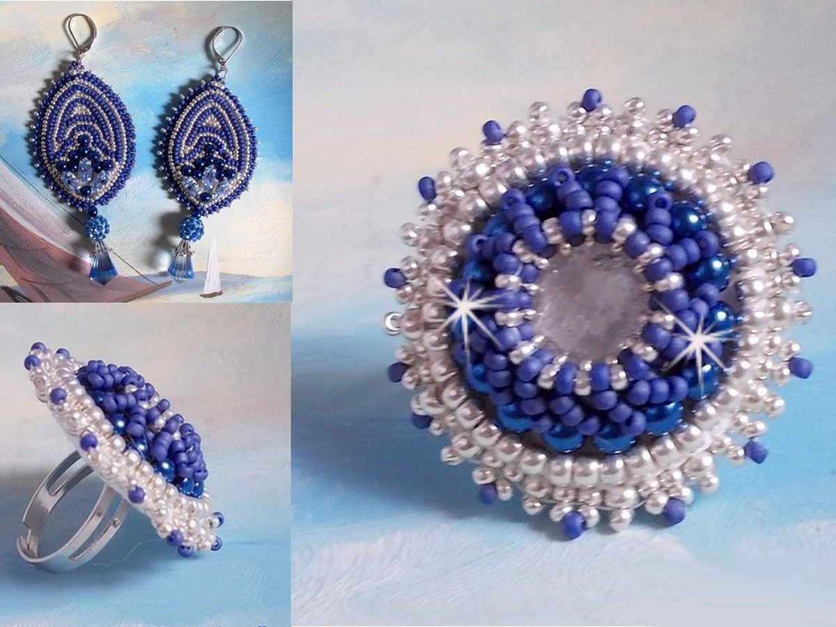 BO Marine Blue broderad med Swarovski-kristaller, runda glaspärlor och Miyuki fröpärlor.