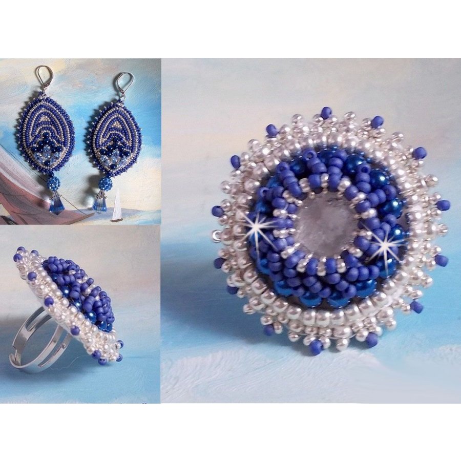BO Marine Blue broderad med Swarovski-kristaller, runda glaspärlor och Miyuki fröpärlor.