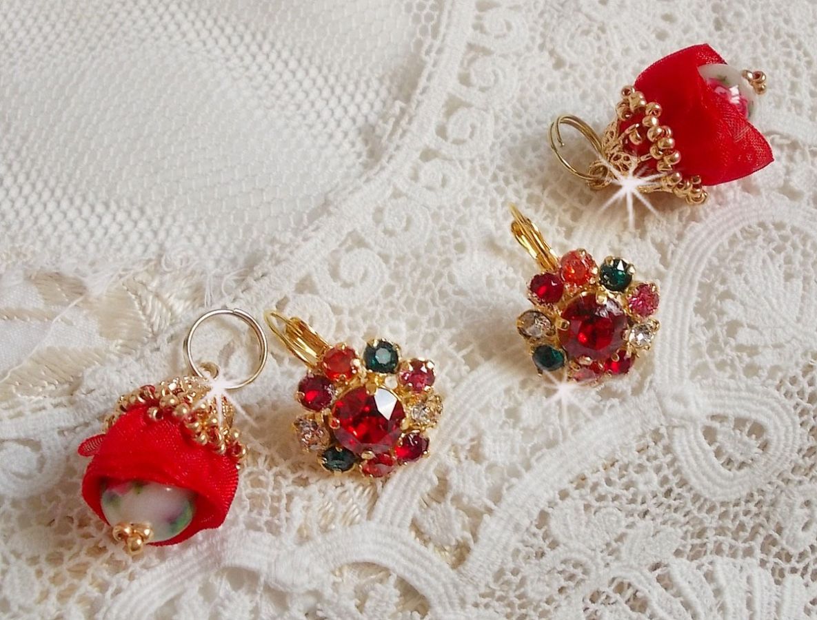 BO Mia broderad med Swarovski-kristaller, orange zirkoniumstenar, Fimo-pärlor och fröpärlor.