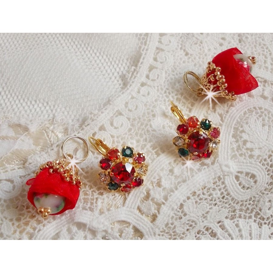 BO Mia broderad med Swarovski-kristaller, orange zirkoniumstenar, Fimo-pärlor och fröpärlor.