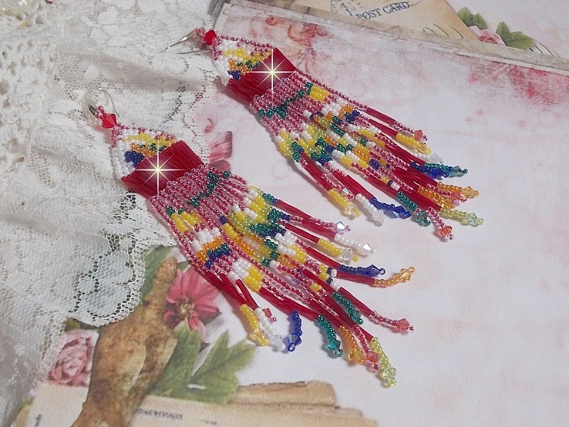 BO Soleil des Tropiques aux rocailles et tubes en Verre, toupies en cristal et crochets d'oreilles en argent 925/1000