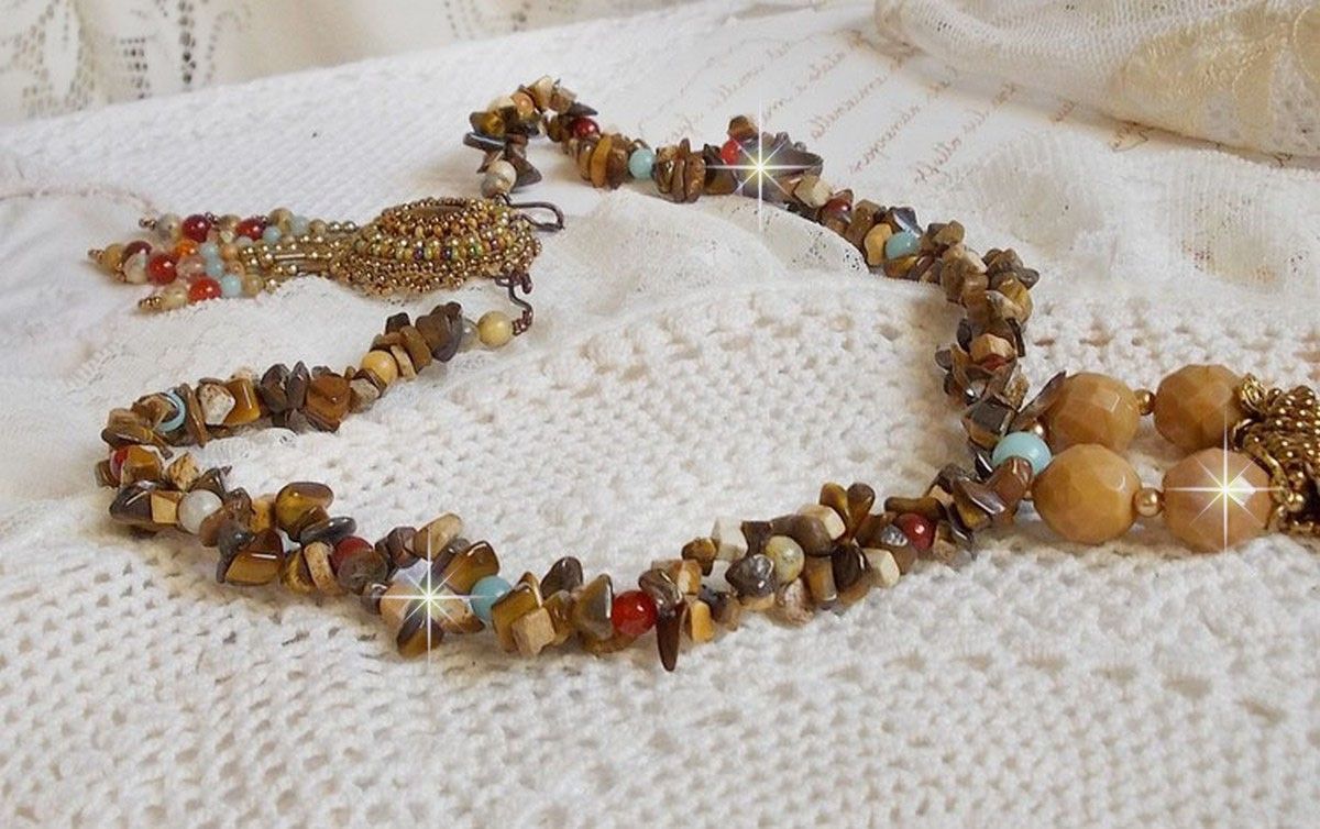 Fauve hängande halsband broderat med flera tigerögon, Haute-Couture stil