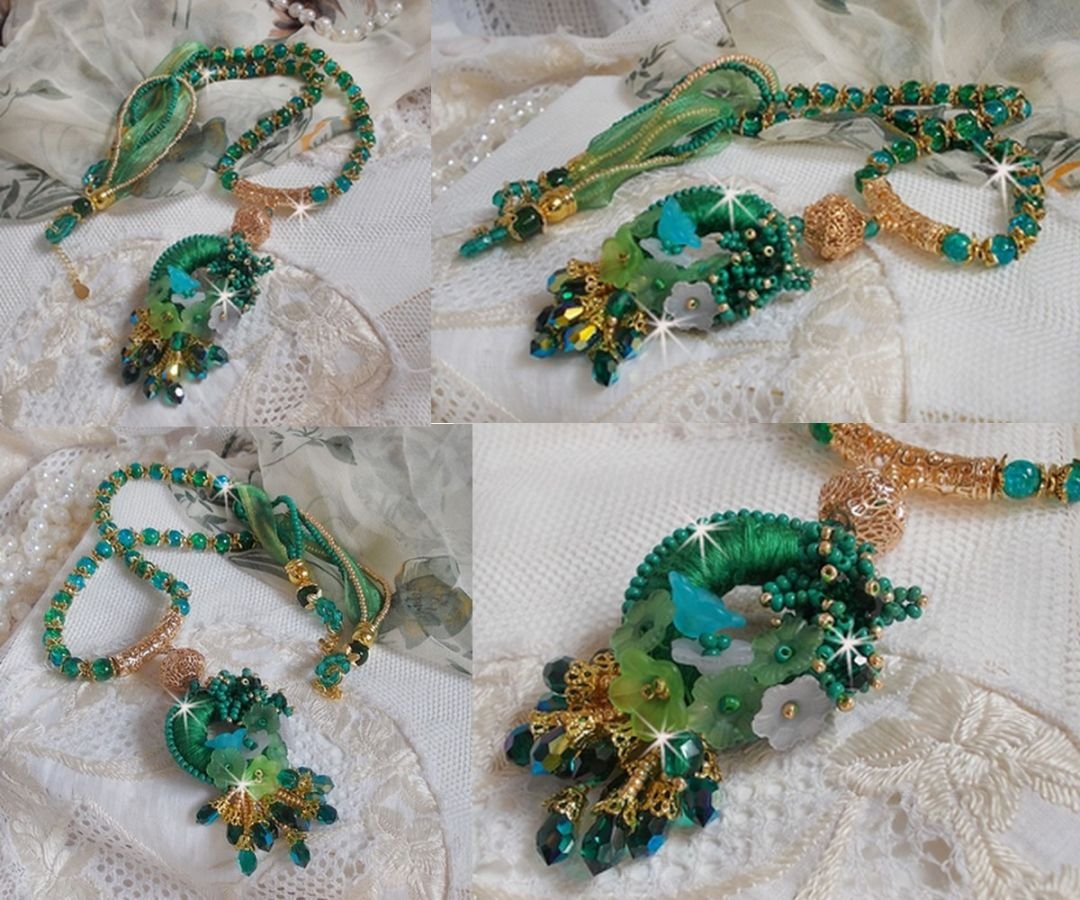 Green Iris halsband broderat med smaragdgrön DMC-bomull, Swarovski-kristaller, harts- och fröpärlor.