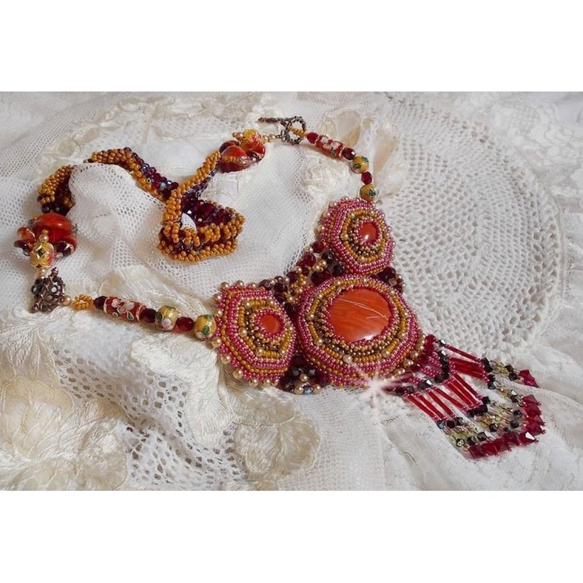 Red Jasper halsband med halvädelstenar Red Jasper med Swarovski-kristaller, cloisonnepärlor, Muranos och fröpärlor