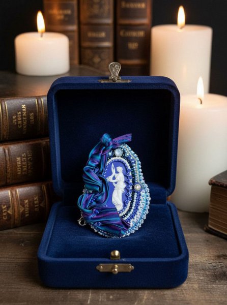 Pendentif Corne d&rsquo;Abondance brod&eacute; avec cabochon porcelaine, soie, sequins, rocailles et perles Cristal Swarovski