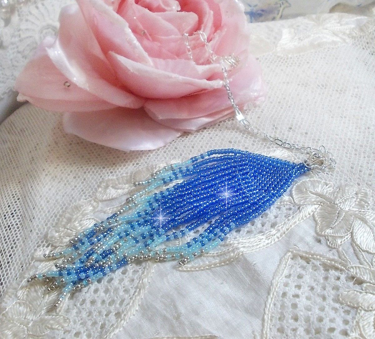 Soft Blue Dreams hänge skapat med himmelsblå, safir, silver kvalitet frö pärlor med 925/1000 Sterling Silver tillbehör