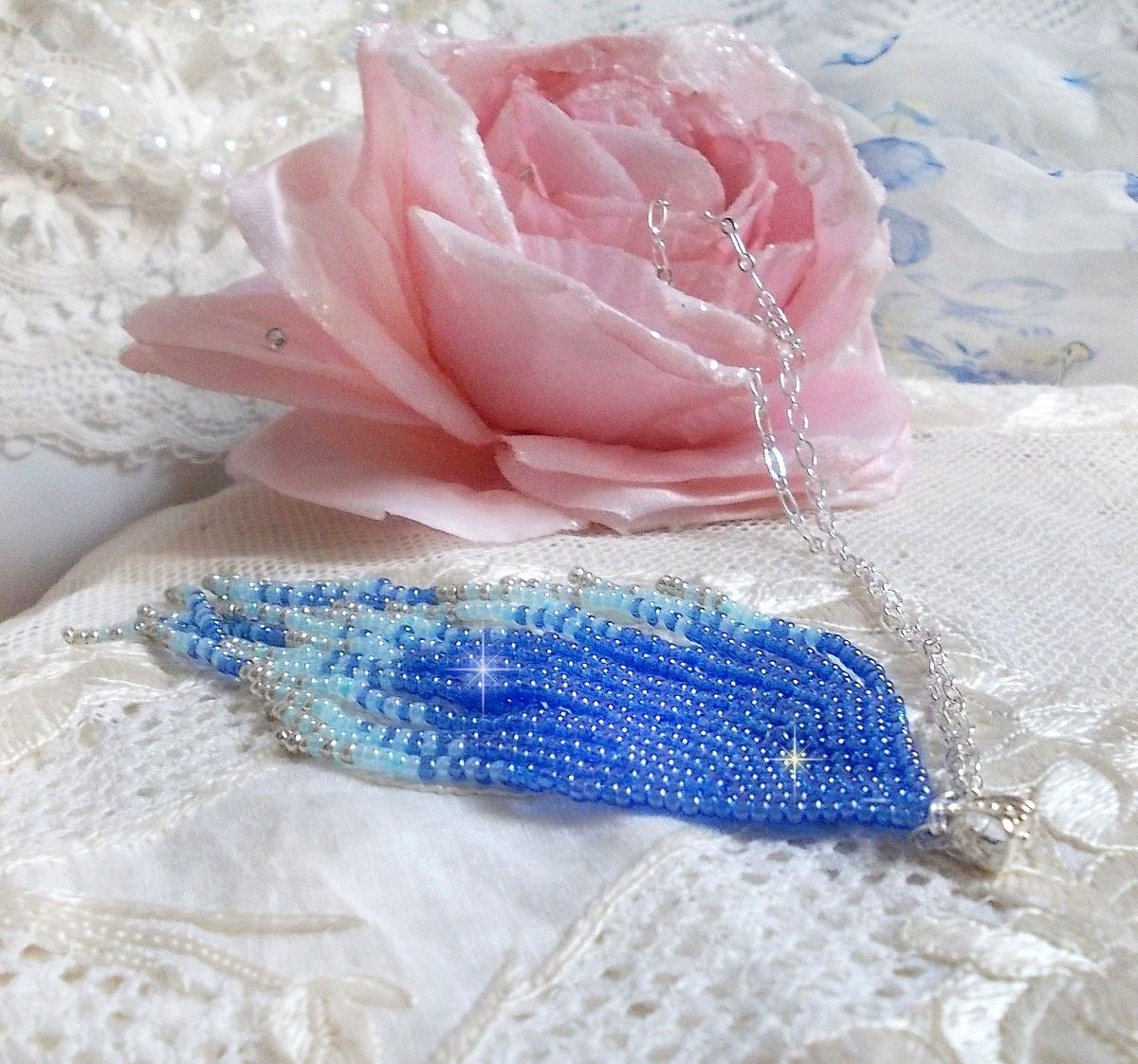 Soft Blue Dreams hänge skapat med himmelsblå, safir, silver kvalitet frö pärlor med 925/1000 Sterling Silver tillbehör