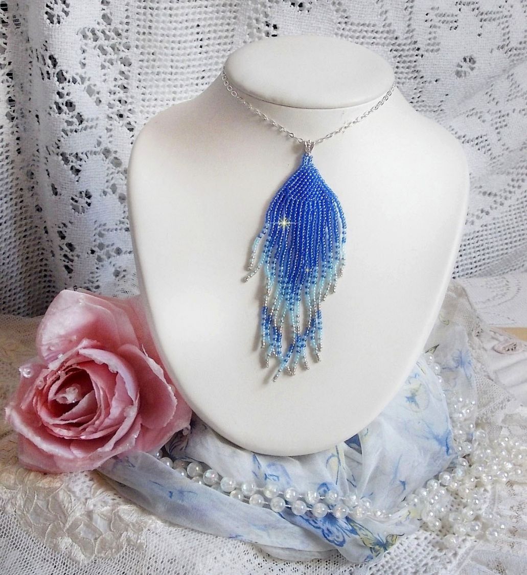 Soft Blue Dreams hänge skapat med himmelsblå, safir, silver kvalitet frö pärlor med 925/1000 Sterling Silver tillbehör