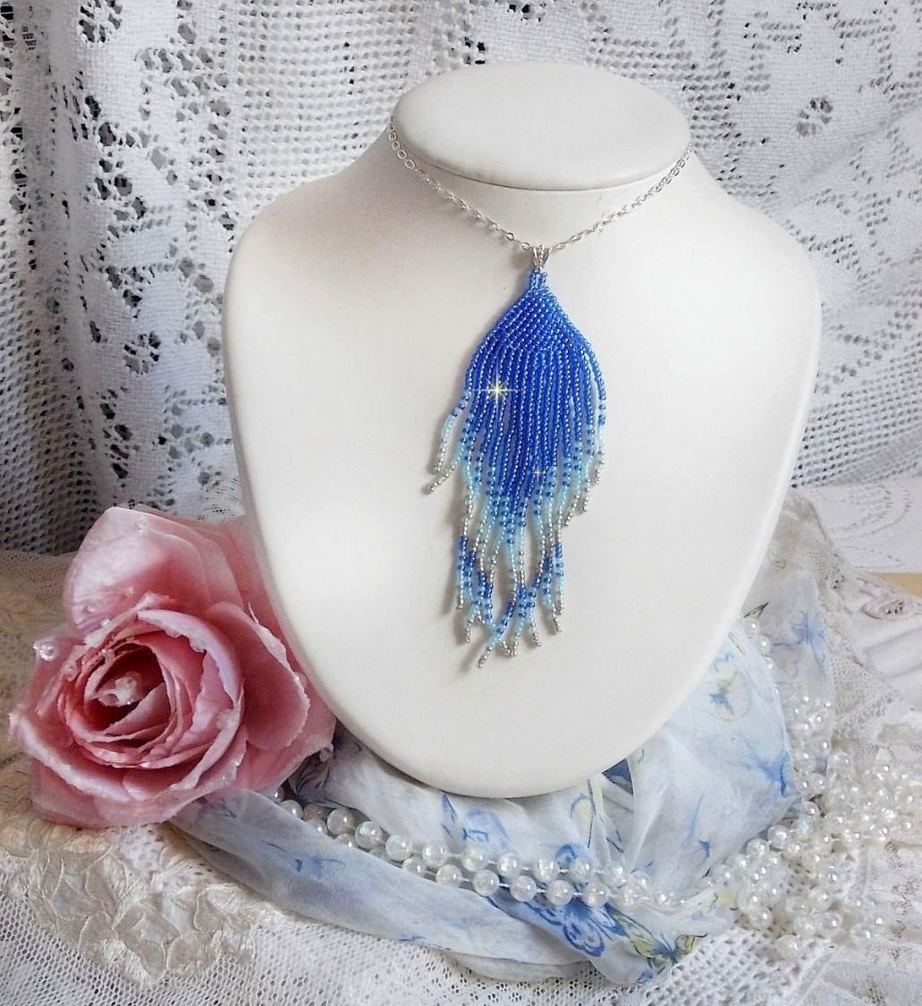 Soft Blue Dreams hänge skapat med himmelsblå, safir, silver kvalitet frö pärlor med 925/1000 Sterling Silver tillbehör
