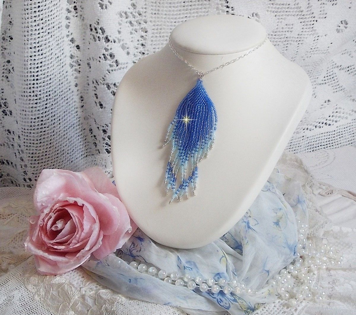 Soft Blue Dreams hänge skapat med himmelsblå, safir, silver kvalitet frö pärlor med 925/1000 Sterling Silver tillbehör