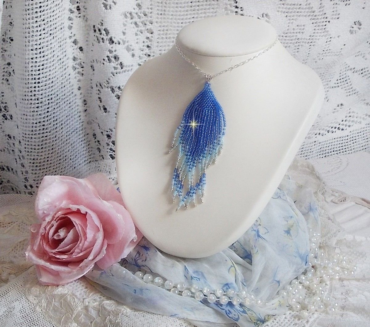 Soft Blue Dreams hänge skapat med himmelsblå, safir, silver kvalitet frö pärlor med 925/1000 Sterling Silver tillbehör