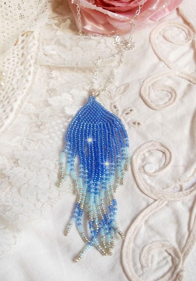 Soft Blue Dreams hänge skapat med himmelsblå, safir, silver kvalitet frö pärlor med 925/1000 Sterling Silver tillbehör
