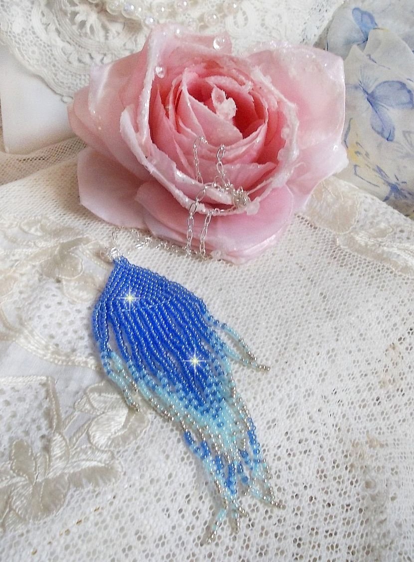 Soft Blue Dreams hänge skapat med himmelsblå, safir, silver kvalitet frö pärlor med 925/1000 Sterling Silver tillbehör