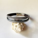 Bracelet manchette femme aux 3 cuirs argenté et gris fermoir à extension