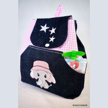 Broderad barnryggsäck elefant med rosa hatt, anpassningsbar